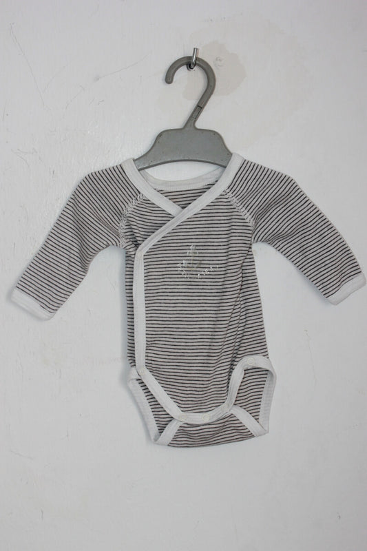 tweedehands grijs wit gestreepte overslagromper lange mouwen maat 50 petit bateau