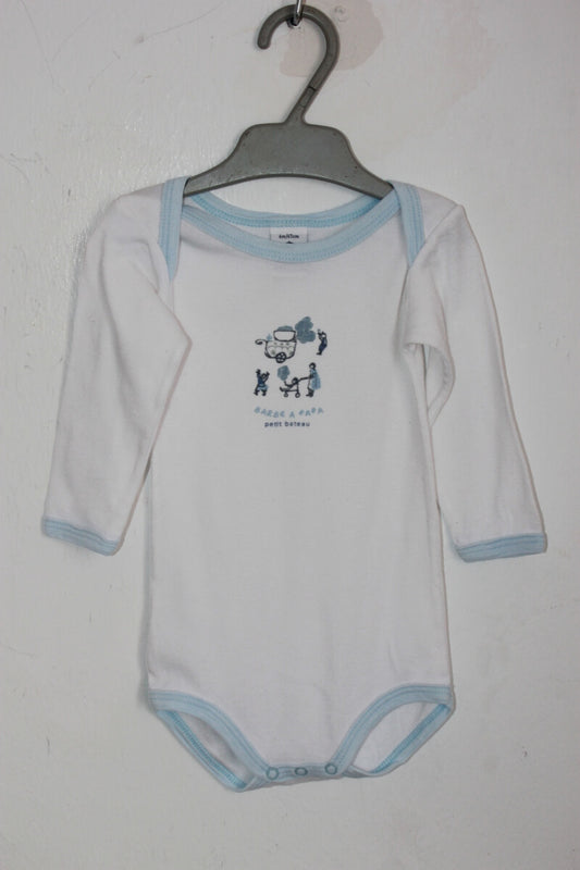 tweedehands wit-blauwe unisex romper lange mouwen maat 68 petit bateau