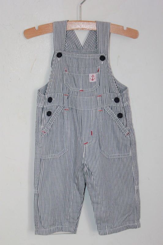 tweedehands unisex katoenen donkerblauw met wit gestreepte salopette, of tuinbroek van babibou in maat 62