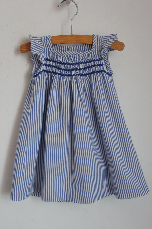 tweedehands blauw met wit gestreepte katoenen zomerse jurk met korte volantmouwen in maat 74 voor een baby meisje van jacadi