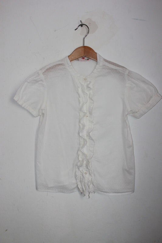 tweedehands katoenen creme blouse met korte mouwen en volants van bonpoint in maat 128