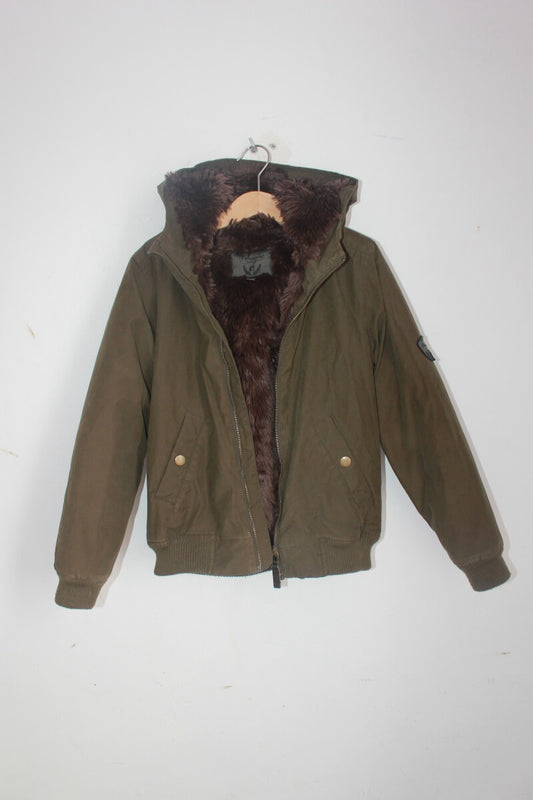 tweedehands unisex legergroene jas met capuchon van bonpoint in maat 122-128