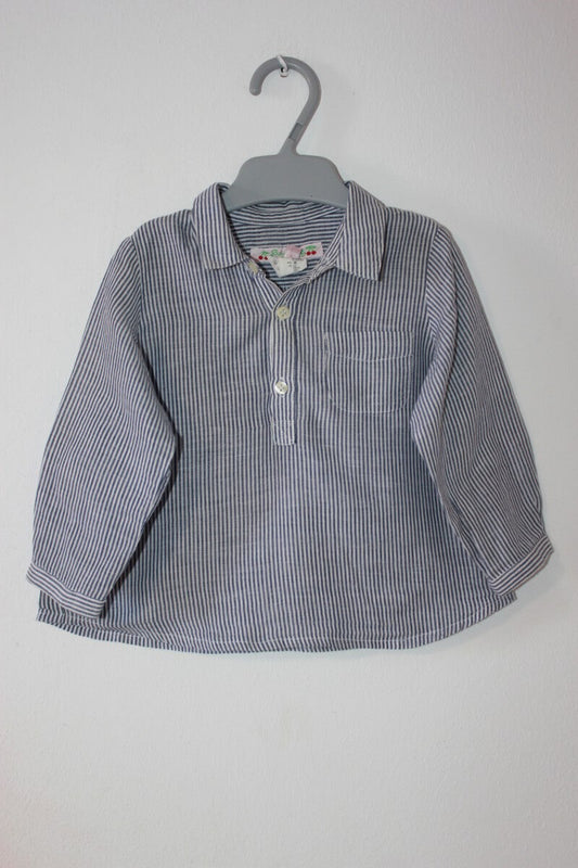 tweedehands zomers donkerblauw met wit gestreept overhemd met lange mouwen in maat 74 van bonpoint