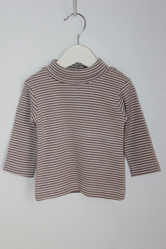 tweedehands unisex katoenen beige met creme gestreepte longsleeve met col in maat 68