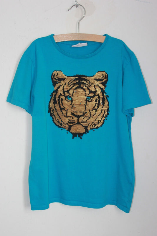 Tweedehands unisex blauw t-shirt met tijgerkop in gouden pailletten, maat 134 van fish and chips
