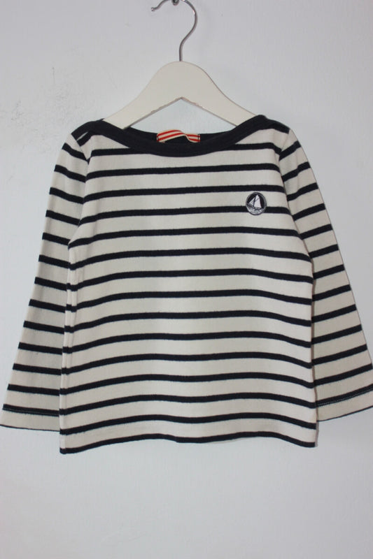 tweedehands-donkerblauw-ecru-gestreepte-unisex-sweater-maat-92-petit-bateau