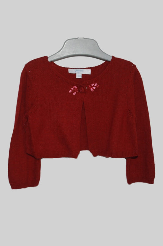 Tweedehands bordeaux rood vestje met roze geborduurde bloemetjes bij de hals in maat 68 voor een baby meisje van jacadi