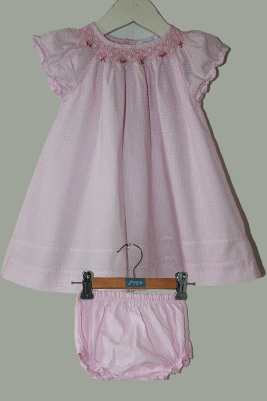 tweedehands katoenen zomerse gesmockte witte jurk met roze stipjes-bloomer en korte mouwen in maat 62 van jacadi