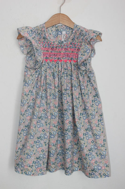 tweedehands katoenen zomerse gesmokte liberty jurk met korte volantmouwen in multicolour, maat 104 van laingo
