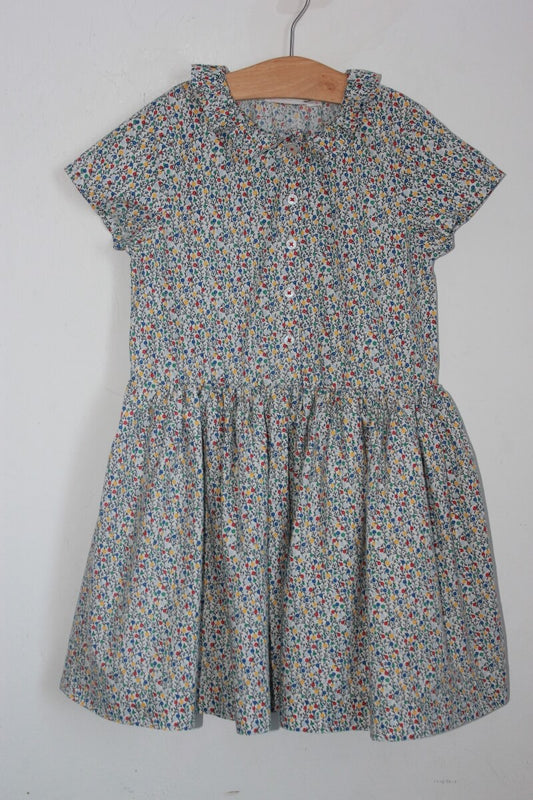tweedehands katoenen gebloemde zomerse jurk in multicolour met korte mouwen en volantkraagje, maat 116 van monoprix
