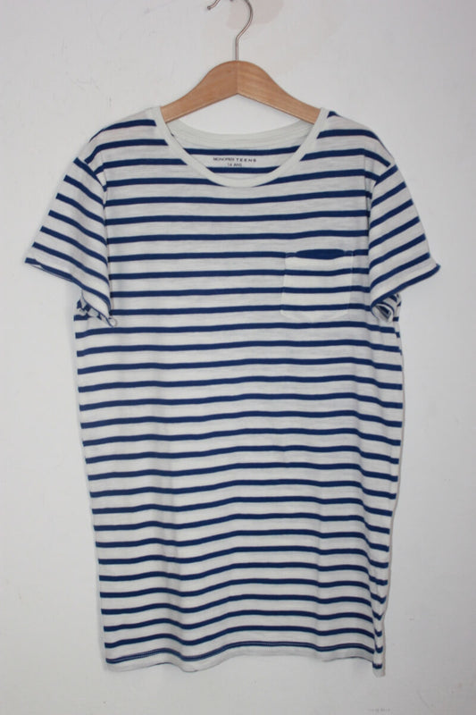 tweedehands unisex katoenen blauw wit gestreept t-shirt in maat 164 van monoprix