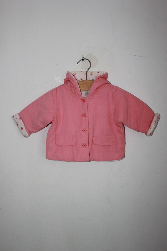 tweedehands katoenen zachte corduroy roze jas met capuchon en gebloemde voering in maat 62 van petit bateau