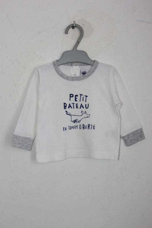 tweedehands unisex katoenen witte longsleeve met blauw en grijs in maat 68 van Petit Bateau