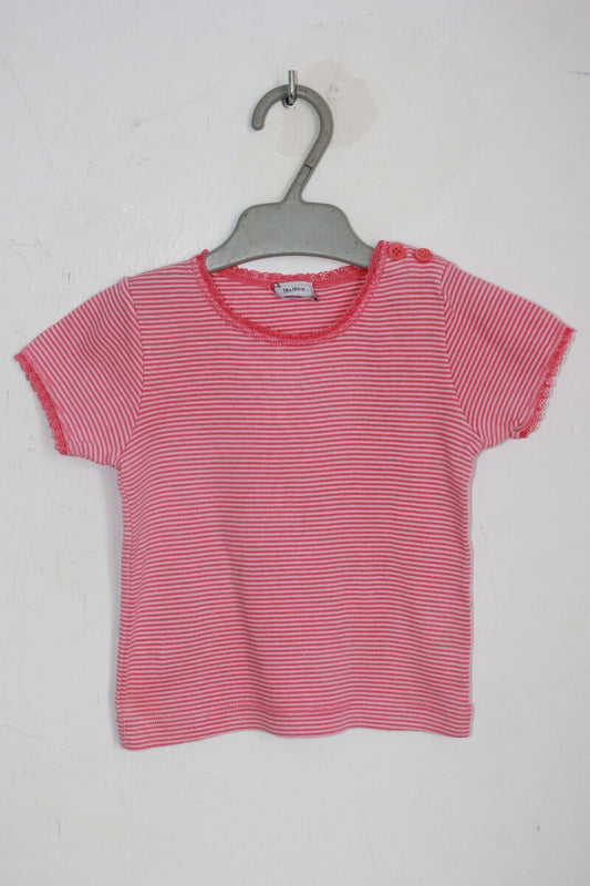 tweedehands katoenen roze en wit gestreept t-shirt met korte mouwen in maat 80 van petit bateau