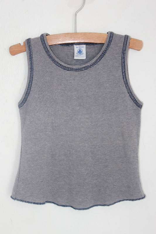 tweedehands katoenen blauw met creme mouwloos shirtje in maat 98 voor een meisje van petit bateau