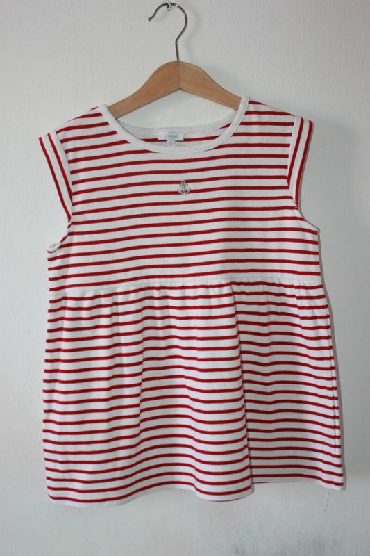 tweedehands katoenen rood met wit gestreept shirt met korte mouwen in maat 152 voor een meisje van jacadi