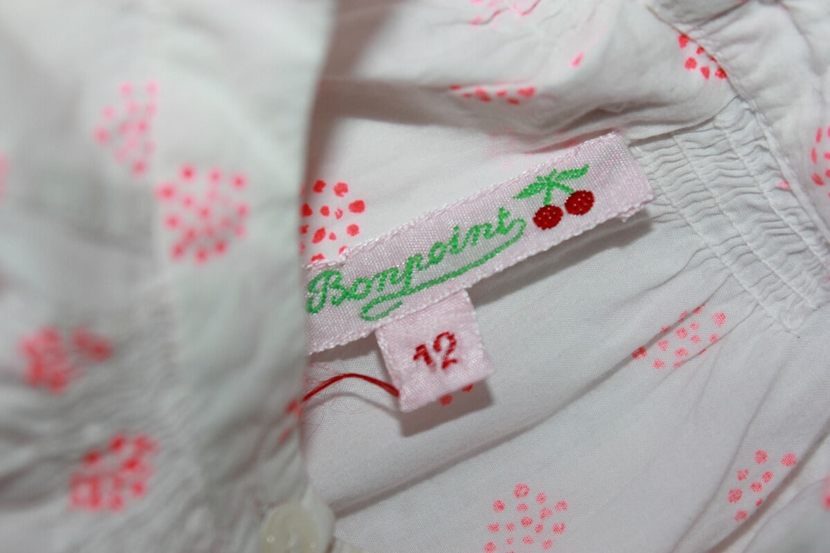 tweedehands katoenen witte blouse met fluo-roze stipjes en lange mouwen van bonpoint in maat 74 