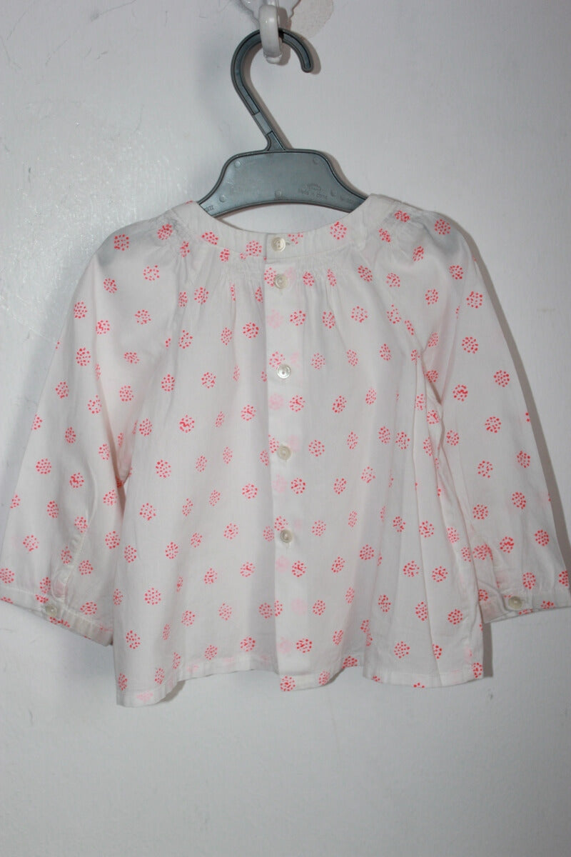 tweedehands katoenen witte blouse met fluo-roze stipjes en lange mouwen van bonpoint in maat 74 