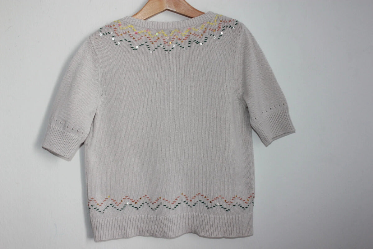 tweedehands katoenen beige vest met pailletten en halve mouwen van bonpoint in maat 134-140
