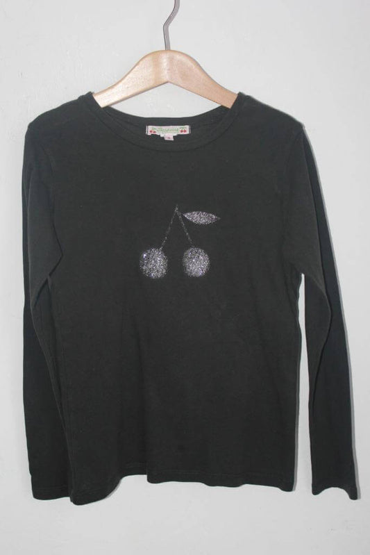 tweedehands katoenen zwarte longsleeve met zilveren kersen van bonpoint, maat 122-128