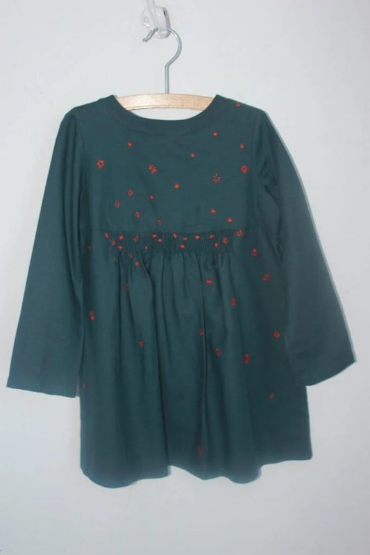 preloved katoenen donkergrijze jurk met koraalrode details en lange mouwen van bonpoint, maat 110-116