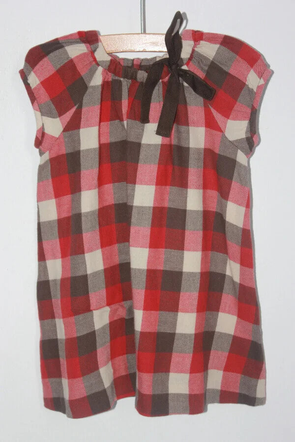 tweedehands geruite jurk in rood, beige en bruin met korte mouwen van bonpoint, maat 80