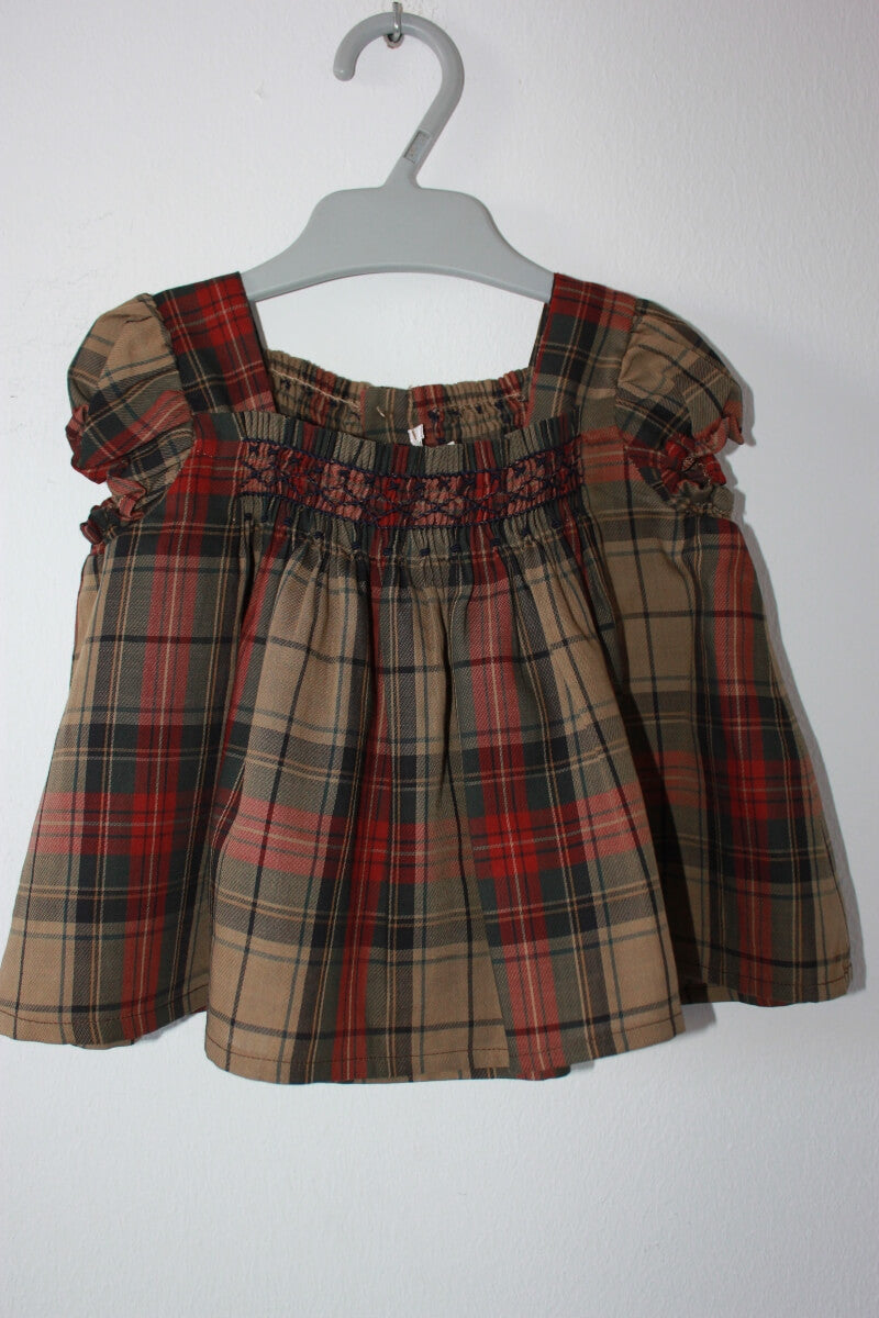 tweedehands katoenen gesmockte en geruite blouse in multicolour met korte mouwen van bonpoint in maat 86