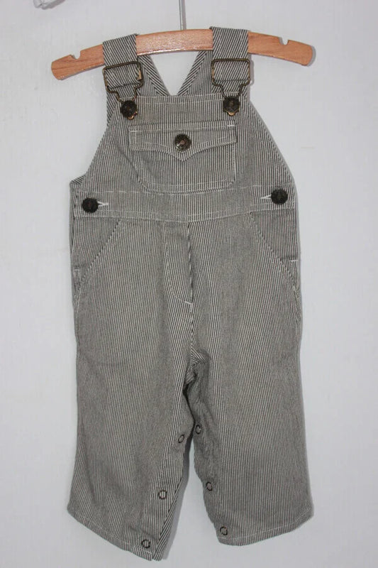 tweedehands unisex taupe met wit gestreepte salopette, of tuinbroek, van bonton in maat 68