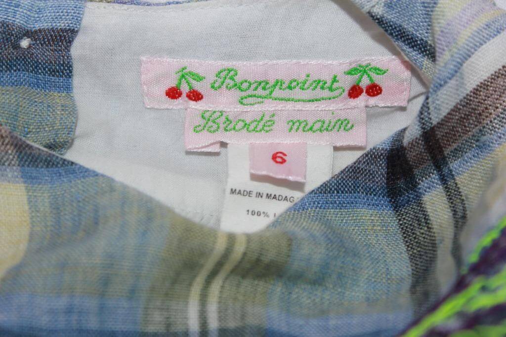 tweedehands linnen mouwloze gesmokte en geruite jurk in multicolour van bonpoint, maat 62-68