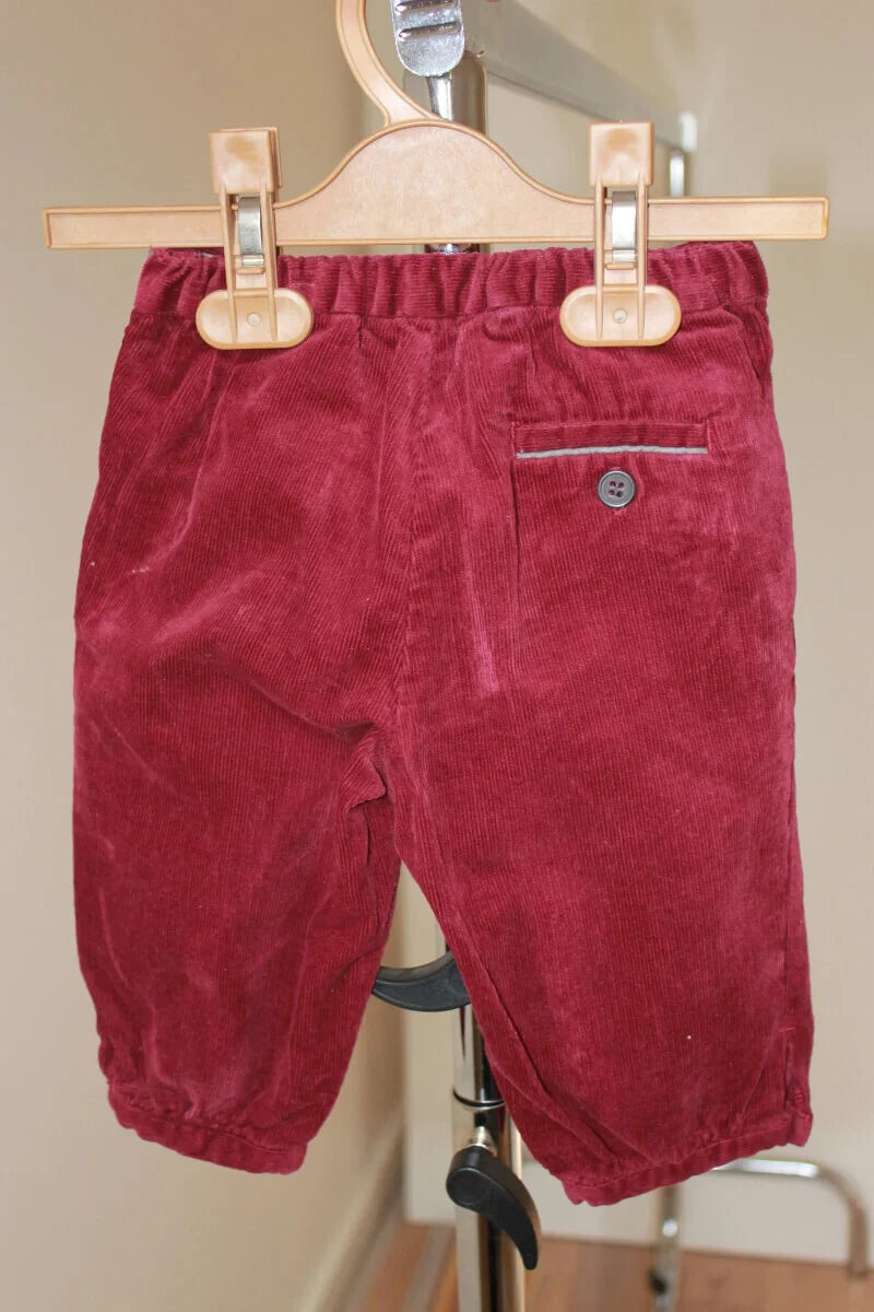 tweedehands unisex ribfluwelen bordeaux lange broek met grijze details van bonpoint in maat 68