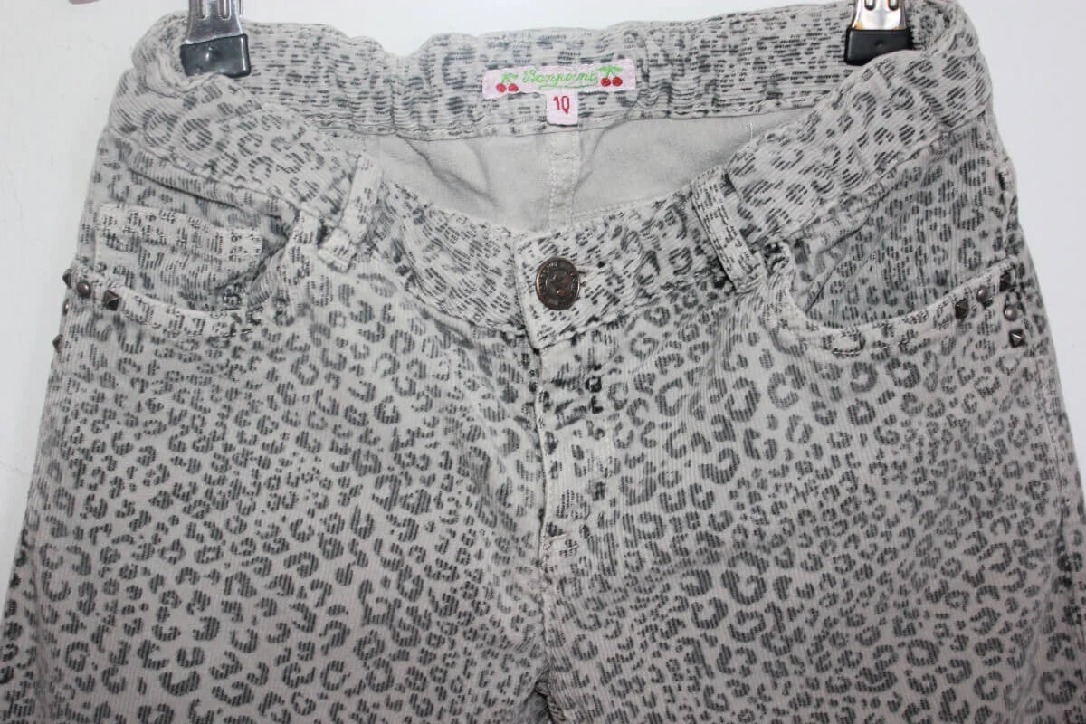 Tweedehands grijze ribfluwelen lange broek met panterprint van bonpoint in maat 134-140 voor een meisje