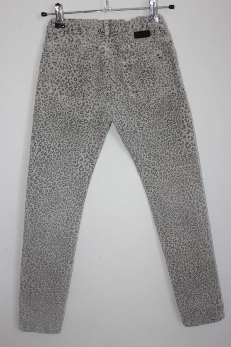 Tweedehands grijze ribfluwelen lange broek met panterprint van bonpoint in maat 134-140 voor een meisje