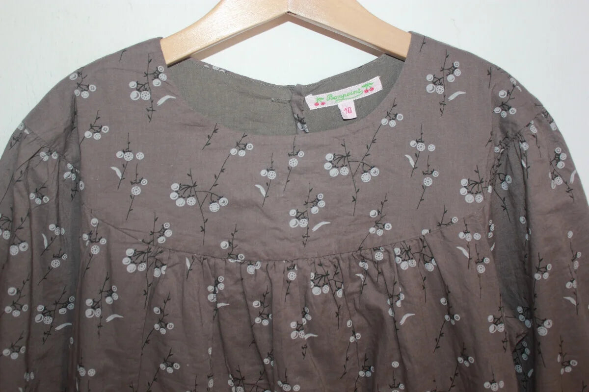 tweedehands katoenen liberty jurk met halve mouwen, in taupe, ecru en zwart van bonpoint, maat 134-140