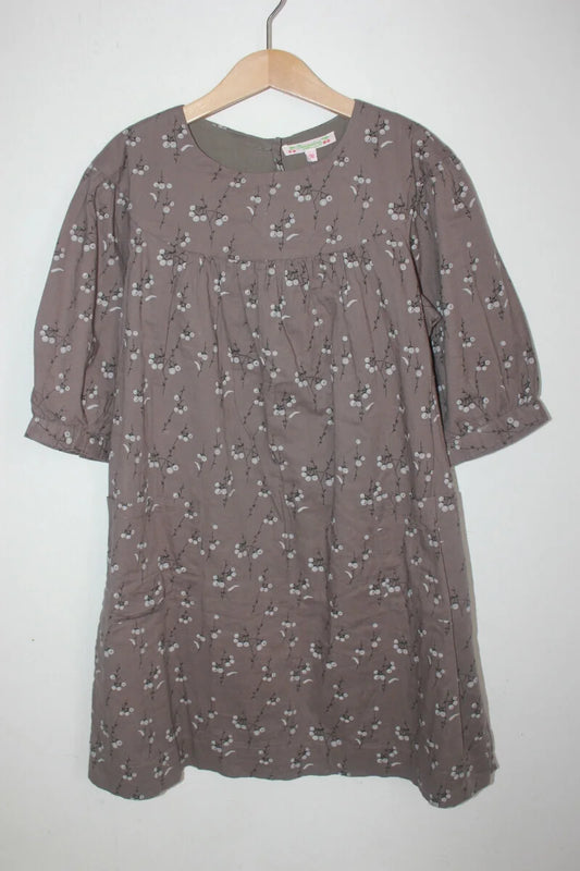 tweedehands katoenen liberty jurk met halve mouwen, in taupe, ecru en zwart van bonpoint, maat 134-140