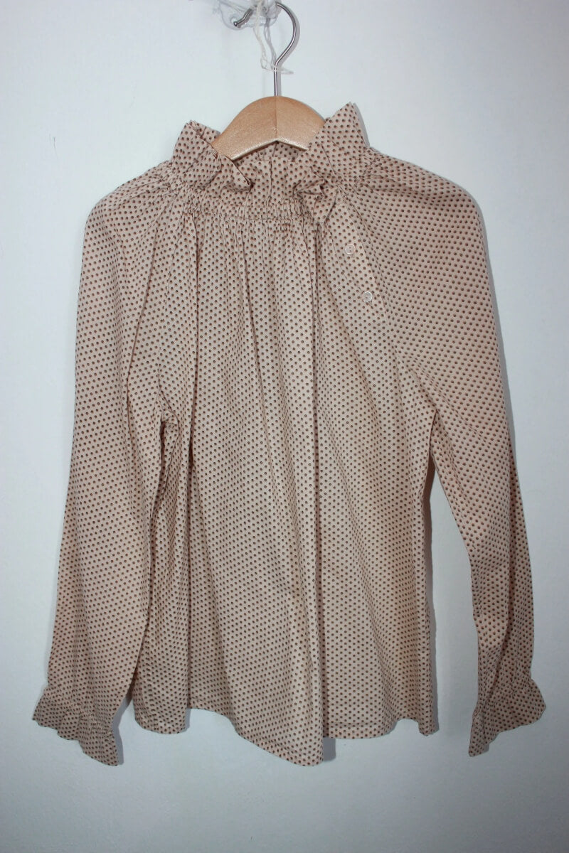 tweedehands katoenen beige blouse met bruine stipjes en lange mouwen van bonpoint, maat-134-140