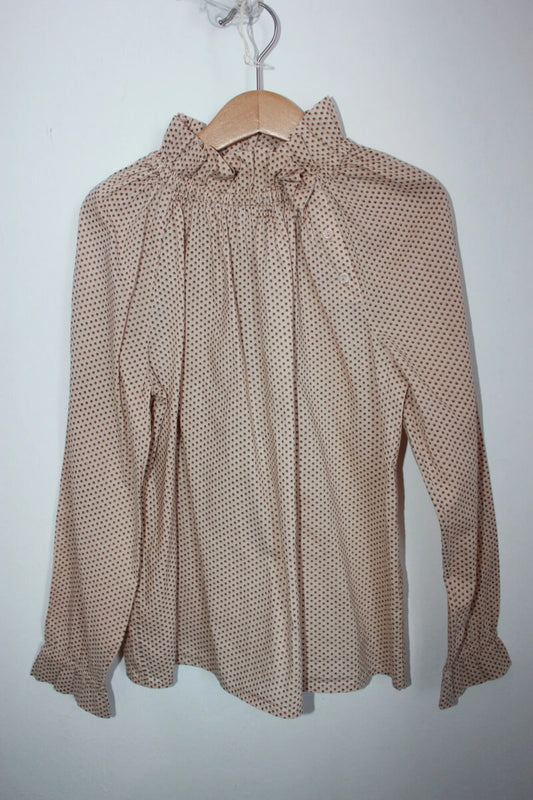 tweedehands katoenen beige blouse met bruine stipjes en lange mouwen van bonpoint, maat-134-140