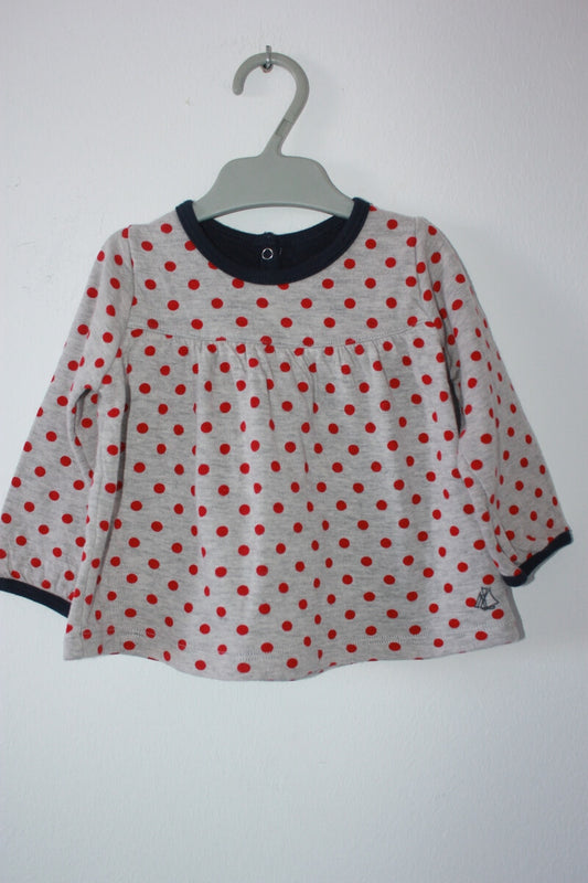 tweedehands-grijze-longsleeve-rode-stippen-maat-74-petit-bateau-baby-meisje