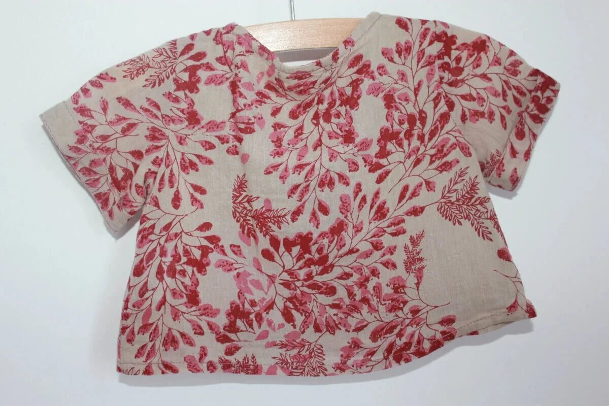 tweedehands-beige-roze-bordeaux-gebloemde-blouse-korte-mouwen-maat-62-baby-meisje-wowo-paris