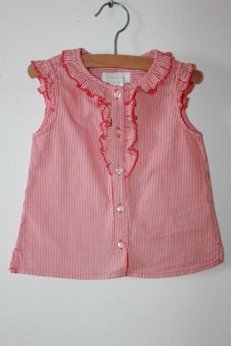 tweedehands-rood-wit-gestreepte-mouwloze-zomerse-blouse-volants-maat-80-baby-skhuaban