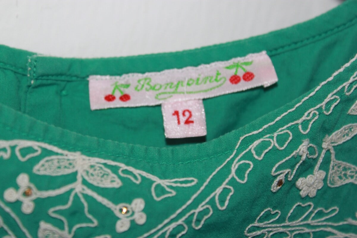 tweedehands-zomerse-groene-jurk-witte-bloemen-korte-mouwen-maat-152-meisje-bonpoint