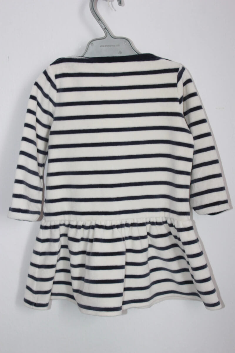 tweedehands-donkerblauw-ecru-gestreepte-velours-jurk-lange-mouwen-petit-bateau-maat-74