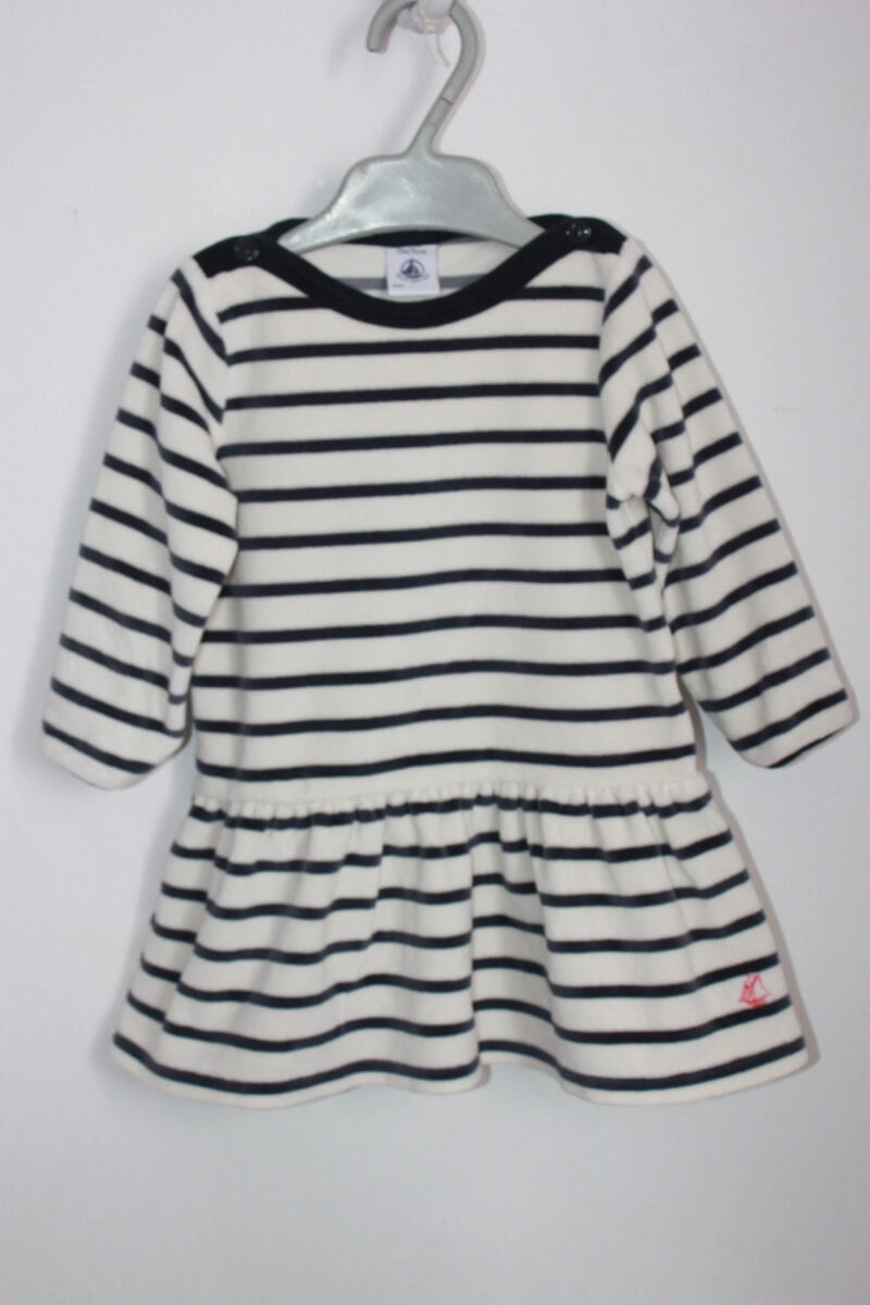 tweedehands-donkerblauw-ecru-gestreepte-velours-jurk-lange-mouwen-petit-bateau-maat-74