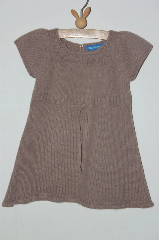 tweedehands-winterse-beige-gebreide-jurk-korte-mouwen-boutchou-maat-68-baby