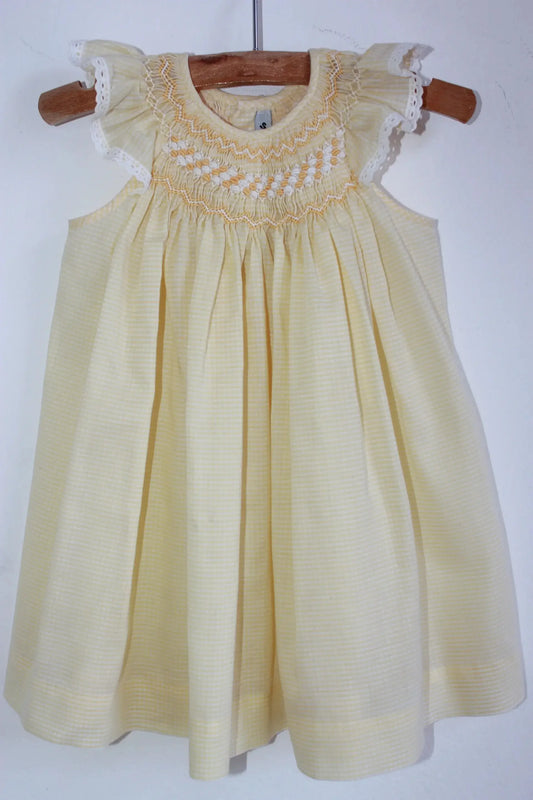 tweedehands-zomerse-gesmockte-geruite-geel-witte-jurk-korte-volantmouwen-maat-68-baby-meisje-el-corte-ingles