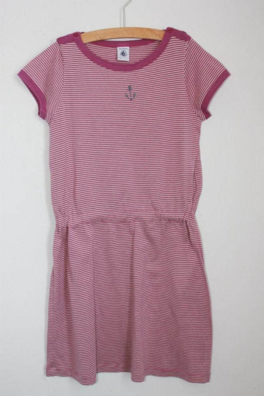 tweedehands-mauve-creme-gestreepte-zomerse-jurk-korte-mouwen-maat-122-petit-bateau