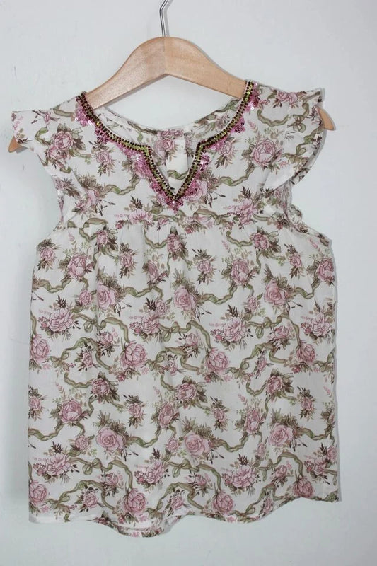 tweedehands-zomerse-blouse-korte-mouwen-pailletten-flowerprint-meisje-maat-116-hennes-en-mauritz