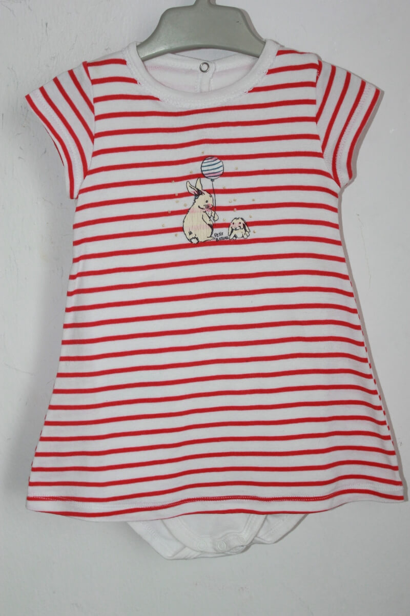 tweedehands-koraalroze-wit-gestreepte-jurk-korte-mouwen-maat-74-petit-bateau