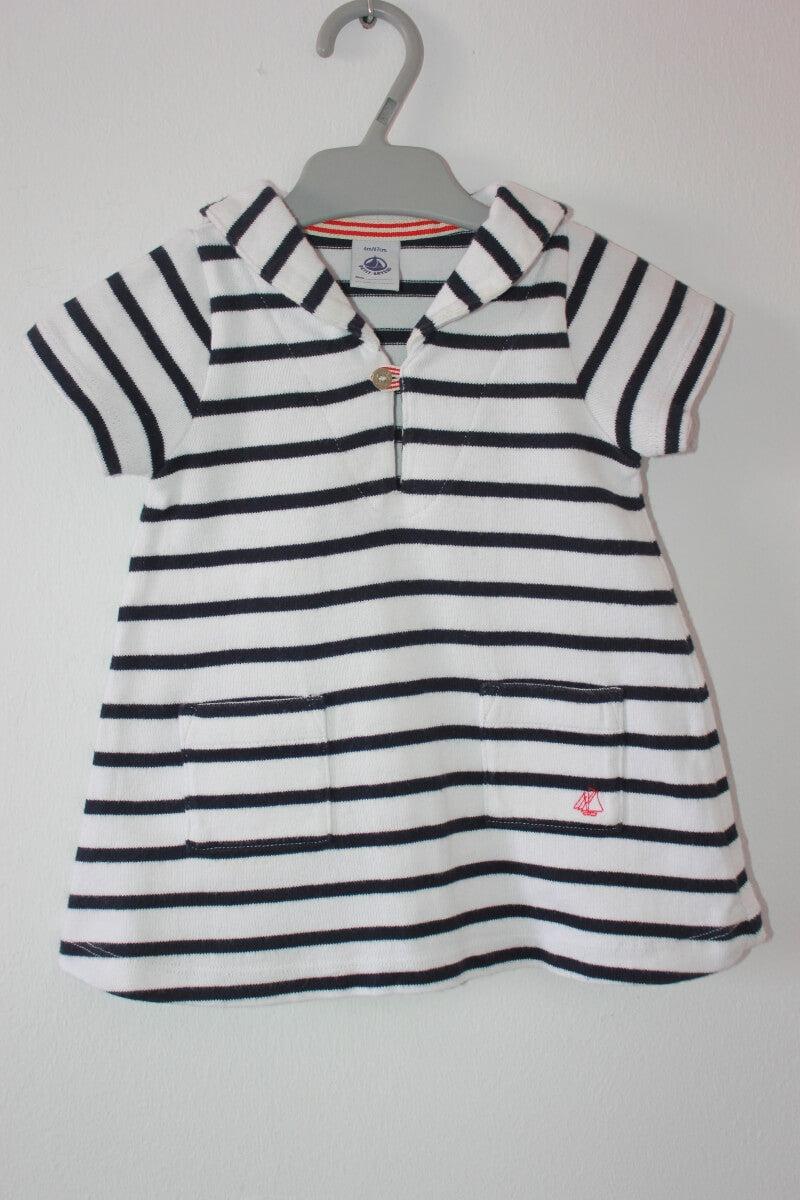 tweedehands-ecru-donkerblauw-gestreepte-marine-jurk-korte-mouwen-maat-68-petit-bateau