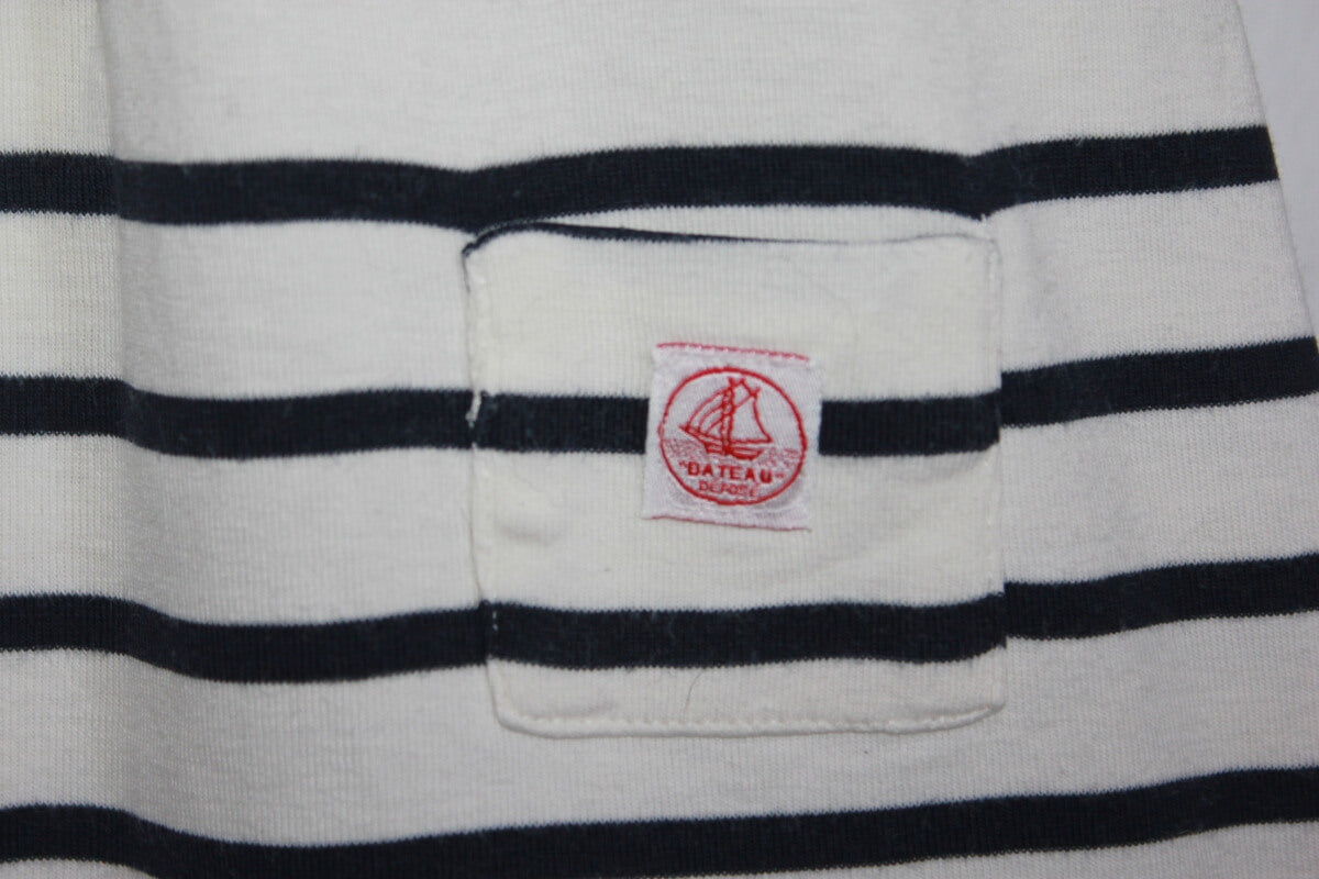 tweedehands-ecru-donkerblauw-gestreepte-jurk-korte-mouwen-maat-74-petit-bateau