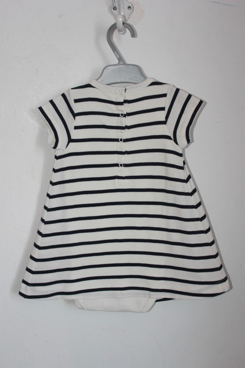 tweedehands-ecru-donkerblauw-gestreepte-jurk-korte-mouwen-maat-74-petit-bateau